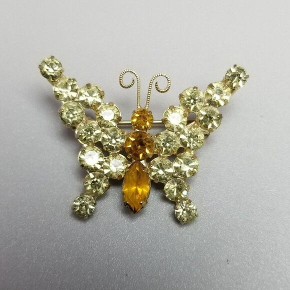 Vintage Orange and Yellow Rhinestone Butterfly Brooch, Prong Set, Insect Wings - Picture 2 of 6